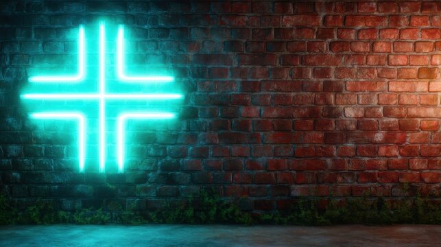 A glowing neon cross against a rustic brick wall creates an intriguing contrast of modernity and tradition, evoking feelings of faith and urban vibes.