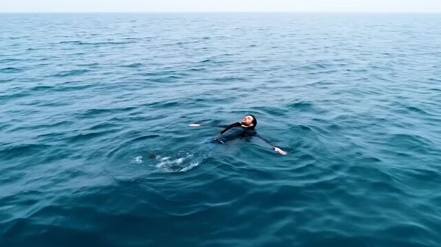 Man floating on back in vast ocean. A lone person floats on their back in the vast blue ocean. Aerial view shows the small figure surrounded by endless water under a clear sky.