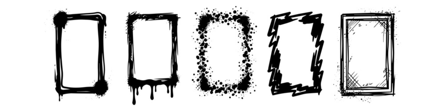 Collection of hand-drawn graffiti style rectangular frames with paint drips, spray effects, and ink splatters. Urban grunge border design elements on white background.