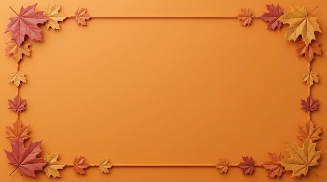 Rich orange background featuring rectangular border frame made of autumn maple leaves for Canadian Thanksgiving