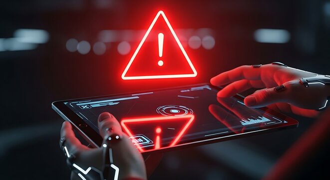 Warning exclamation triangle glowing red above a digital tablet screen during a cybersecurity breach with warning sign
