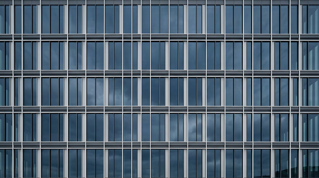 Modern glass facade of an office building with repeating window patterns and sky reflections