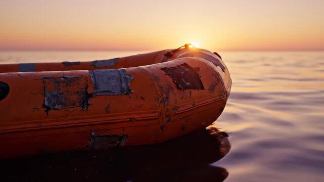 Orange life raft drifting at sunset. Worn orange inflatable life raft with patches drifts on calm ocean at sunset. Golden sun reflects on the water surface in the background.
