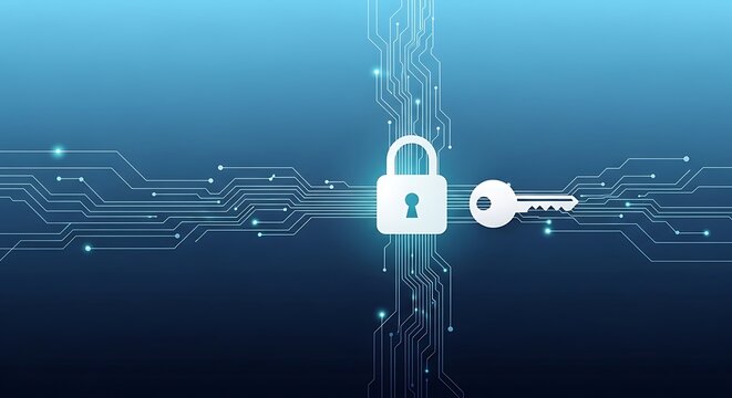 Digital security lock and key icon surrounded by glowing blue circuit board background with cyber security