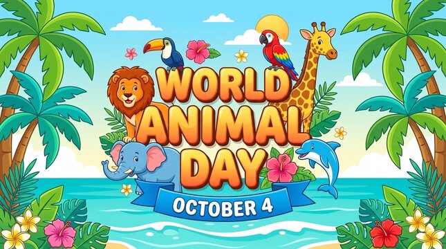 Colorful world animal day celebration poster with tropical animals and vibrant nature scene