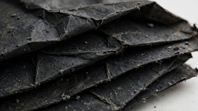 Layered, crinkled, dark material with textured surface, showing particulate matter