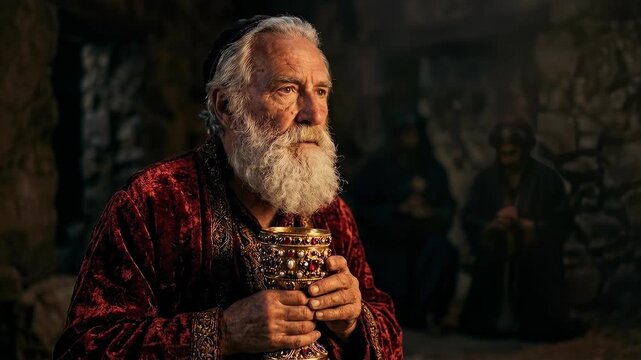 king melchior holding a sacred golden chalice to offer gold to baby jesus christ inside a traditional rustic stable during epiphany and the holy christmas season celebration