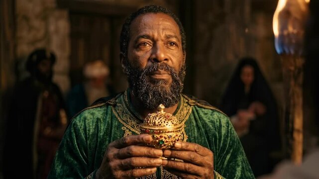 king balthazar holding an ornate golden jar to offer sacred myrrh gift to newborn jesus christ inside a traditional rustic stable during the festive epiphany season celebration