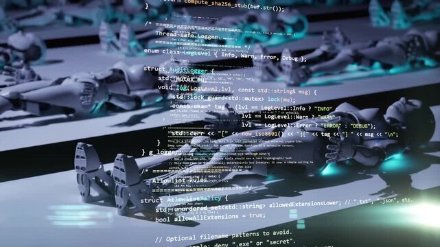 High technology animation of mass production ai humanoids robot with cyber security data code overlay