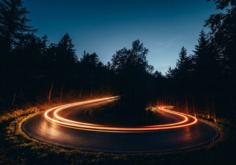 Car light trails on a winding mountain road at night with forest background © AsmaAktaer