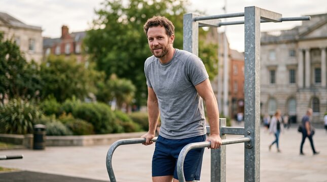 Smiling man working out in city park