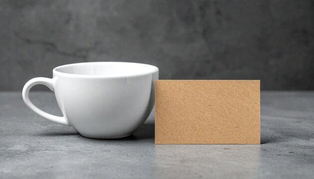 Empty white coffee cup beside brown kraft paper business card template on textured gray table for branding mockup