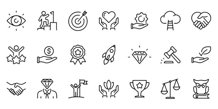 Core Values Outline Icons Set. Goals, Responsibility, Performance, Quality and Teamwork. Editable stroke. Vector illustration.