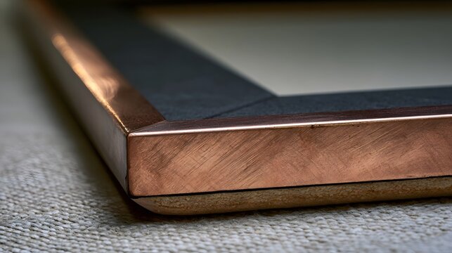 Close up of a copper toned picture frame corner resting on textured fabric with soft lighting highlighting its brushed metal surface