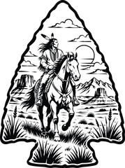 Fototapeta premium Native American riding horse at sunset in wilderness isolated on white background, Vector, illustration