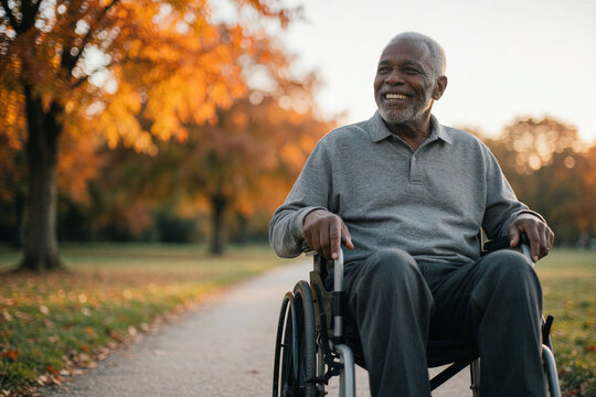 Senior man in a wheelchair smiling in an autumn park