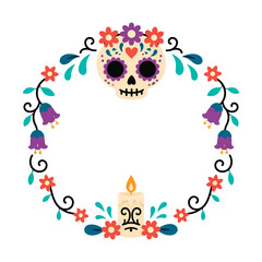 Naklejka premium Colorful Sugar Skull Floral Wreath with Candle Illustration