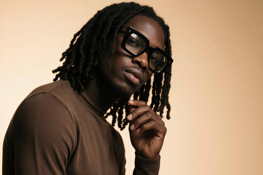 Studio portrait of a man with locs and bold glasses