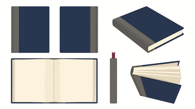 Modern collection of hardback book illustrations featuring various angles and open pages for educational or stationery branding design projects