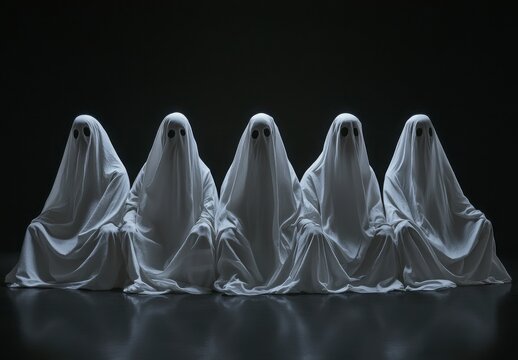 Five Pixelated Ghost Figures in White Sheets Seated in a Row Against a Dark Background