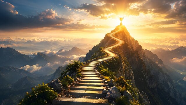 Business success overcoming challenges concept mountain peak winding stone path leading to golden trophy at sunrise