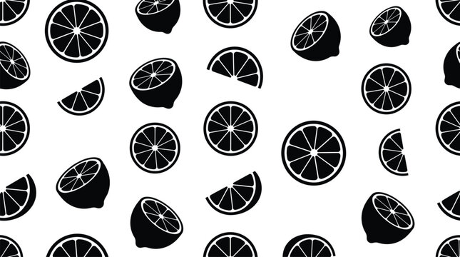 Minimalist lemon seamless pattern, black and white citrus fruit background, monochrome lime slices vector wallpaper for textile design