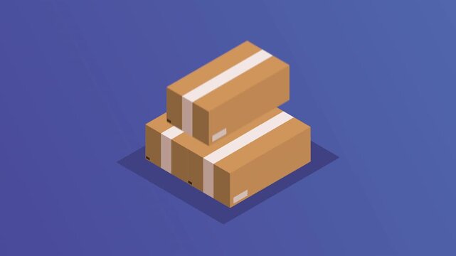 Isometric animation of a stack of cardboard boxes moving across a blue background, representing delivery and logistics.