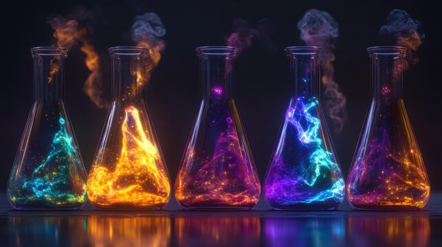 Five glass flasks containing swirling, glowing colored substances with smoke