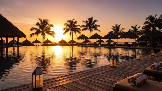Luxury tropical resort pool at sunset with palm trees