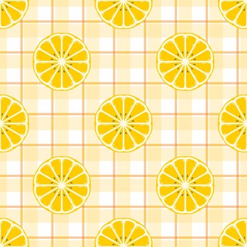 Fresh yellow lemon slice seamless pattern with light orange grid line plaid background