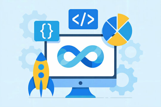 Software development launch illustration with rocket code and analytics icons