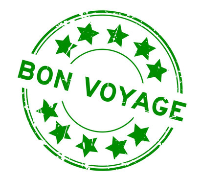 Grunge green word bon voyage with star icon round rubber seal stamp on white background