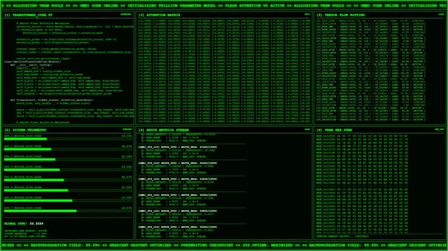 Transformer core GPU H100 attention matrix terminal screen.