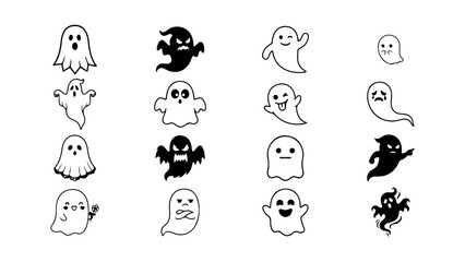 Obraz premium Set of cute and scary ghost icons for Halloween design elements and spooky vector graphics.