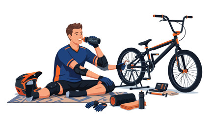 Fototapeta premium Young man athlete resting and drinking water after bmx bike training session.