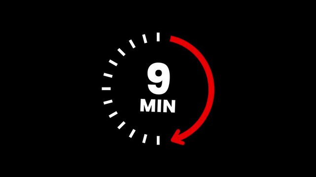 Countdown timer icons for 9 minutes in circular arrow animation. circle arrow refresh icon with 9 min timer icon animation. Timer 9 minutes countdown clock with circular arrow. 4k video