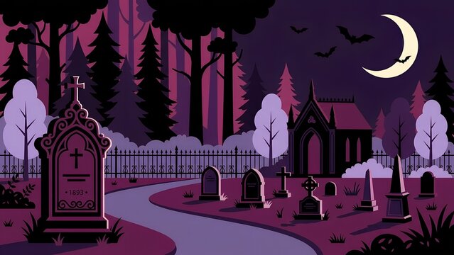 Spooky cartoon cemetery with tombstones and moon. Horror Gothic graveyard illustration. Dark purple forest background. Halloween horror night vector art