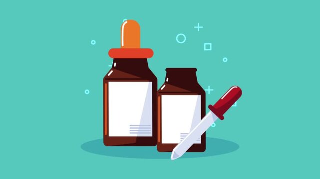 Animated medical dropper bottles with white label and red dropper on turquoise background.