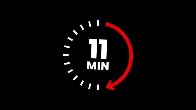 Countdown timer icons for 11 minutes in circular arrow animation. circle arrow refresh icon with 11 min timer icon animation. Timer 11 minutes countdown clock with circular arrow. 4k video