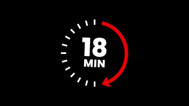 Countdown timer icons for 18 minutes in circular arrow animation. circle arrow refresh icon with 18 min timer icon animation. Timer 18 minutes countdown clock with circular arrow. 4k video
