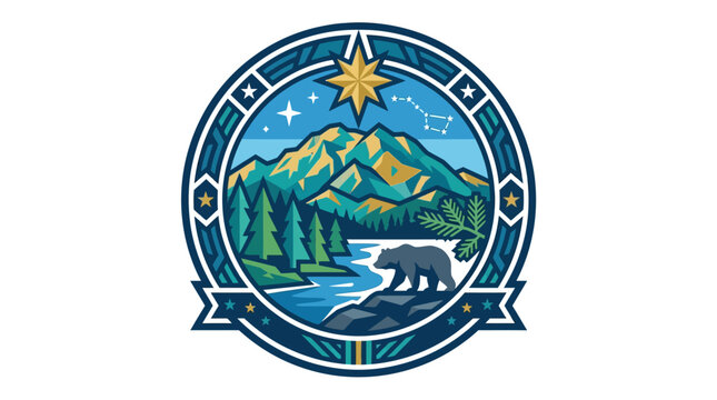 Stained glass style emblem featuring a bear in a mountain landscape.