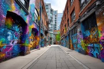 Naklejka premium Colorful graffiti art alleyway with brick buildings
