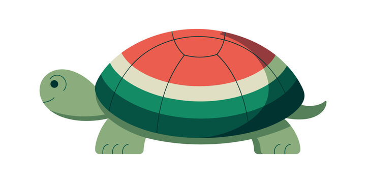 Watermelon turtle cartoon character. Funny vector clip art. Funny green shell with red and white stripes. Cute reptile concept. Isolated tropical food animal illustration