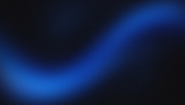 Minimalist abstract panoramic dark background with vibrant cobalt blue and dark charcoal glowing curved light wave, pitch black shadows and ultra smooth gradient transitions with grainy texture