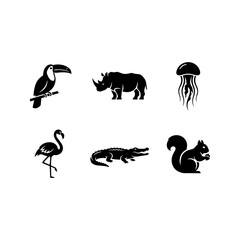 Naklejka premium Minimalist black animal icons set featuring toucan rhino jellyfish flamingo crocodile and squirrel