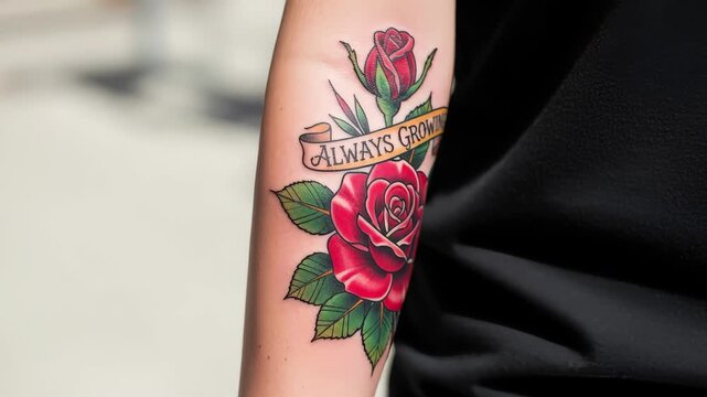 Close-up of a person slowly rotating their forearm to display a traditional red rose tattoo. The classic body art features a banner reading always growing. Personal development and motivation concept