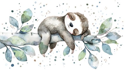Fototapeta premium Watercolor Sloth Sleeping on Tree Branch with Pink Leaves. Watercolor Cute Sloth Sleeping on Branch with Autumn Leaves.