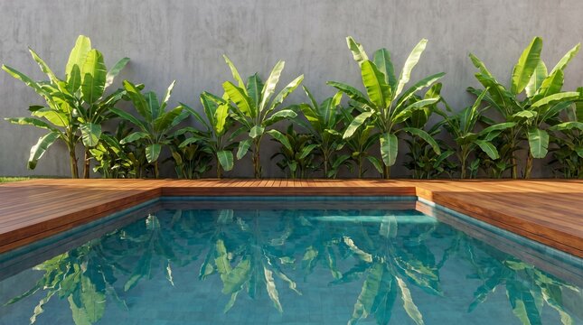 Luxury Villa Swimming Pool Deck Bordered by Lush Banana Plants