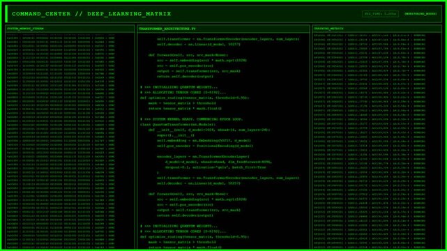 Command center deep learning matrix quantum transformer terminal screen.