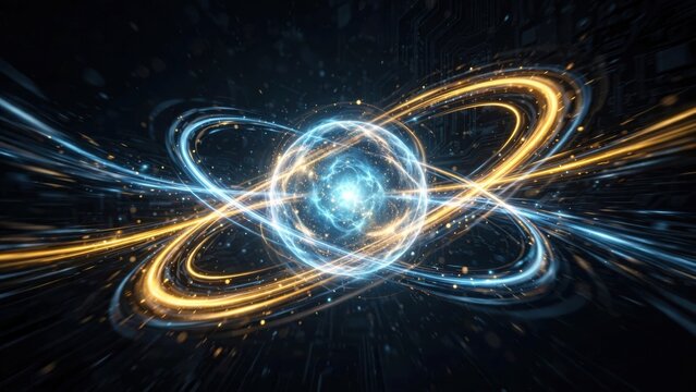 Luminous, glowing orb with orbiting energy rings and light streaks, representing atomic power